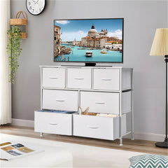 Multipurpose Chest of Drawers 7 Drawer Fabric Dresser TV Stand Max Load 110lbs with Wood Top and Easy Pull Handle for Living Room Bedroom Entryway White