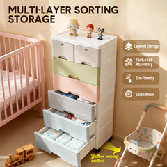 6-Layer Drawer Storage Cart Plastic Anti-fall Dresser Organizer with Casters and Child Lock for Clothes Toys Playroom Bedroom Mobile Cabinet 56x28.5x97.5cm