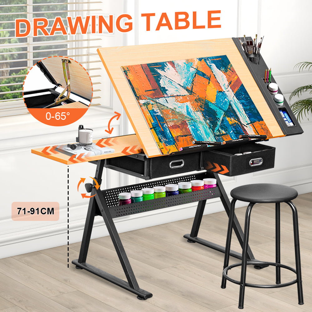 Adjustable Wood Drafting Table & Stool Set Wood Tabletop Art Craft Work Station with 2 Storage Drawers and Pencil Ledge for Artist Paintings Sketching