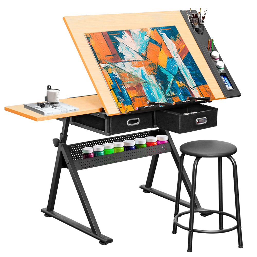 Adjustable Wood Drafting Table & Stool Set Wood Tabletop Art Craft Work Station with 2 Storage Drawers and Pencil Ledge for Artist Paintings Sketching