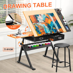 Adjustable Wood Drafting Table & Stool Set Wood Tabletop Art Craft Work Station with 2 Storage Drawers and Pencil Ledge for Artist Paintings Sketching