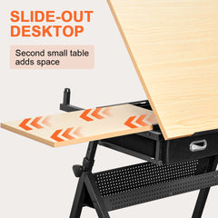 Adjustable Wood Drafting Table & Stool Set Wood Tabletop Art Craft Work Station with 2 Storage Drawers and Pencil Ledge for Artist Paintings Sketching