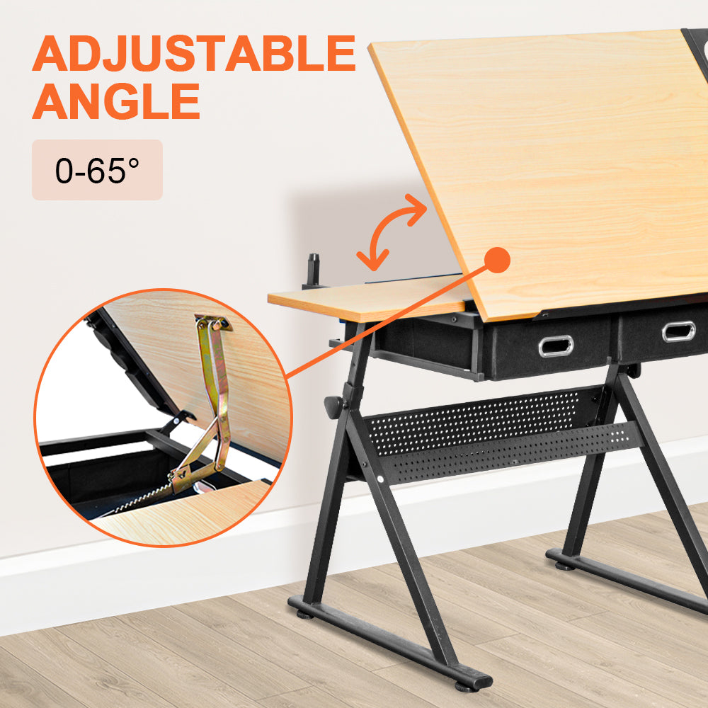 Adjustable Wood Drafting Table & Stool Set Wood Tabletop Art Craft Work Station with 2 Storage Drawers and Pencil Ledge for Artist Paintings Sketching