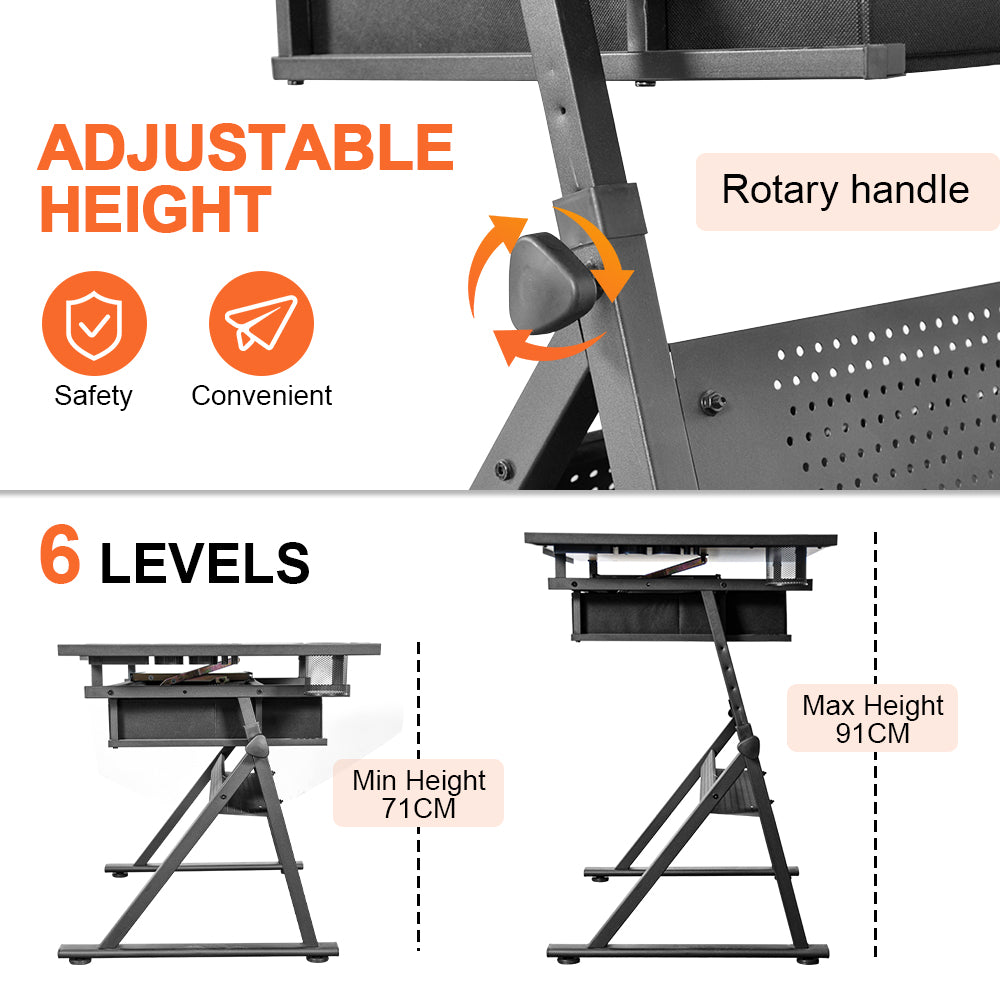 Adjustable Wood Drafting Table & Stool Set Wood Tabletop Art Craft Work Station with 2 Storage Drawers and Pencil Ledge for Artist Paintings Sketching