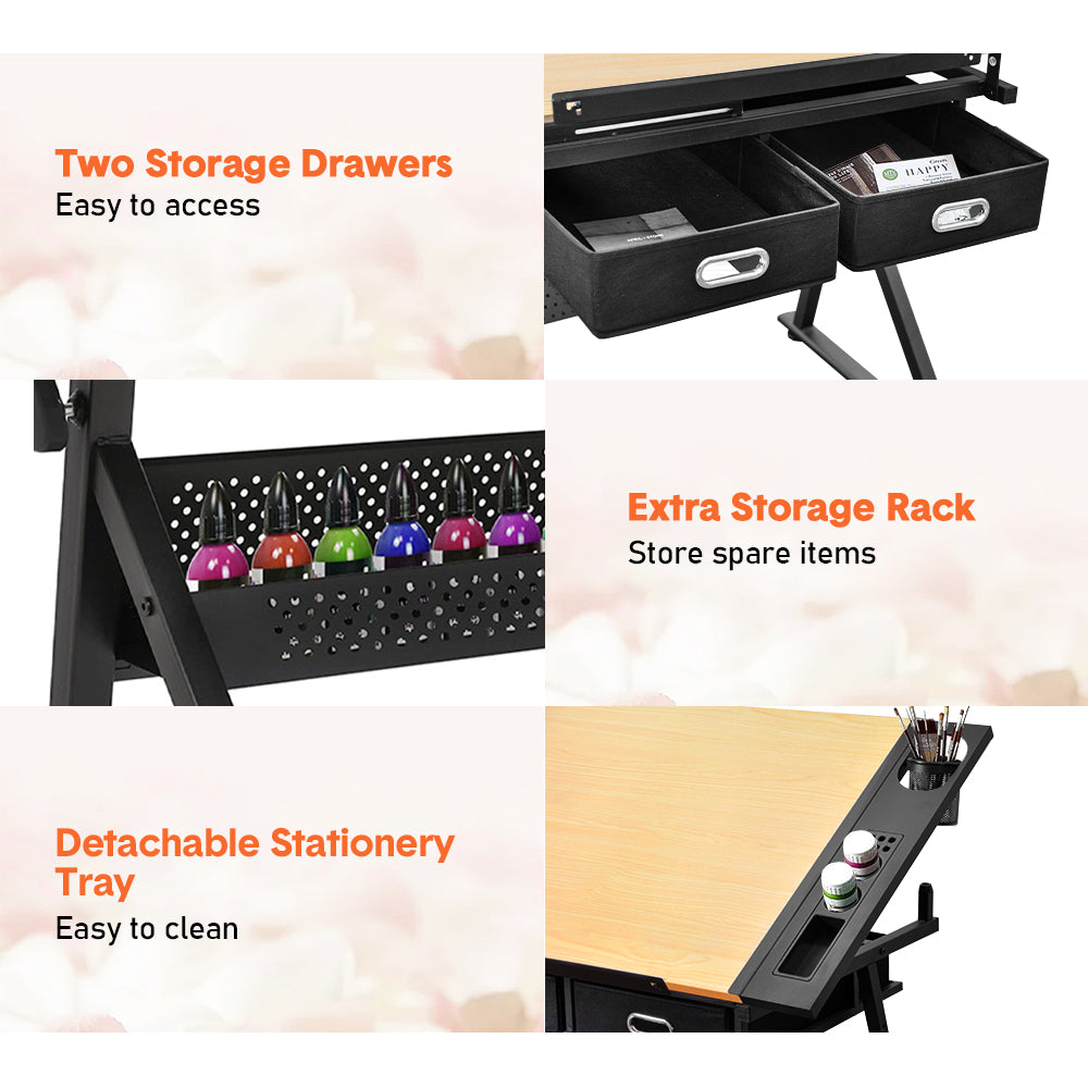Adjustable Wood Drafting Table & Stool Set Wood Tabletop Art Craft Work Station with 2 Storage Drawers and Pencil Ledge for Artist Paintings Sketching