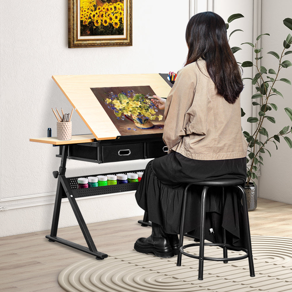 Adjustable Wood Drafting Table & Stool Set Wood Tabletop Art Craft Work Station with 2 Storage Drawers and Pencil Ledge for Artist Paintings Sketching