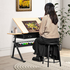 Adjustable Wood Drafting Table & Stool Set Wood Tabletop Art Craft Work Station with 2 Storage Drawers and Pencil Ledge for Artist Paintings Sketching
