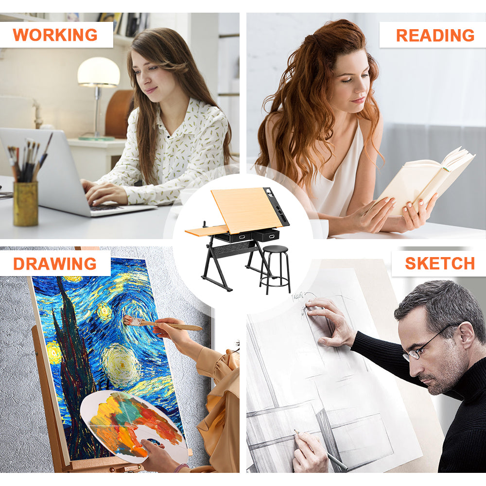 Adjustable Wood Drafting Table & Stool Set Wood Tabletop Art Craft Work Station with 2 Storage Drawers and Pencil Ledge for Artist Paintings Sketching
