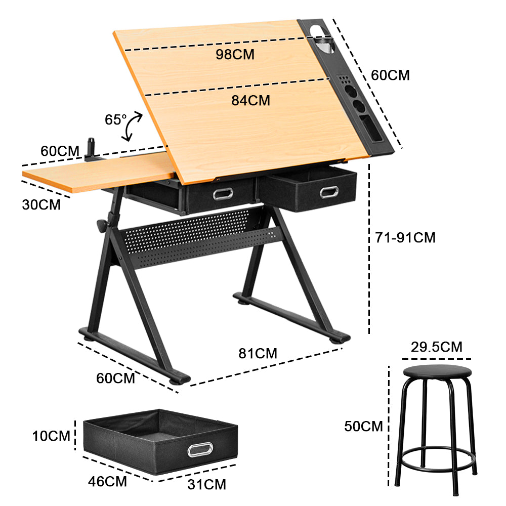 Adjustable Wood Drafting Table & Stool Set Wood Tabletop Art Craft Work Station with 2 Storage Drawers and Pencil Ledge for Artist Paintings Sketching