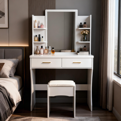 Dressing Table Makeup Wooden Vanity Desk Stool Set with Large Mirror 2 Drawers and Open Side Shelves Girls Women Organisers Home Bedroom Furniture White