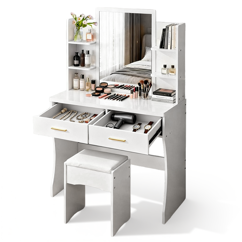 Dressing Table Makeup Wooden Vanity Desk Stool Set with Large Mirror 2 Drawers and Open Side Shelves Girls Women Organisers Home Bedroom Furniture White