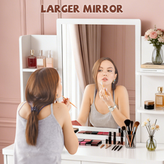 Dressing Table Makeup Wooden Vanity Desk Stool Set with Large Mirror 2 Drawers and Open Side Shelves Girls Women Organisers Home Bedroom Furniture White