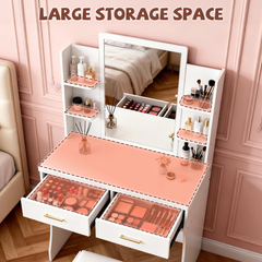 Dressing Table Makeup Wooden Vanity Desk Stool Set with Large Mirror 2 Drawers and Open Side Shelves Girls Women Organisers Home Bedroom Furniture White