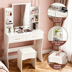 Dressing Table Makeup Wooden Vanity Desk Stool Set with Large Mirror 2 Drawers and Open Side Shelves Girls Women Organisers Home Bedroom Furniture White