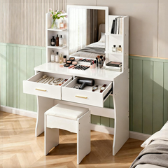 Dressing Table Makeup Wooden Vanity Desk Stool Set with Large Mirror 2 Drawers and Open Side Shelves Girls Women Organisers Home Bedroom Furniture White