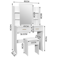 Dressing Table Makeup Wooden Vanity Desk Stool Set with Large Mirror 2 Drawers and Open Side Shelves Girls Women Organisers Home Bedroom Furniture White