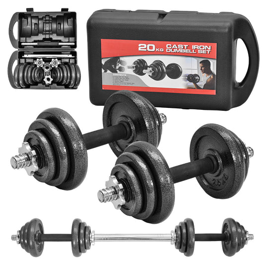 2-In-1 20kg Adjustable Dumbbell Set Cast Iron Weight with Connecting Rod Anti-Slip Grip and Secure Lock Collars for Home Gym Fitness Strength Training Pair