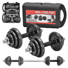 2-In-1 20kg Adjustable Dumbbell Set Cast Iron Weight with Connecting Rod Anti-Slip Grip and Secure Lock Collars for Home Gym Fitness Strength Training Pair