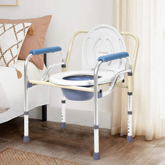 Foldable Commode Chair Mobile Bedside Toilet Stool 67.5-77.5cm Height Adjustable Bathroom Toilet Chair with 3L Bucket for Elderly Disabled Max Load 150kg