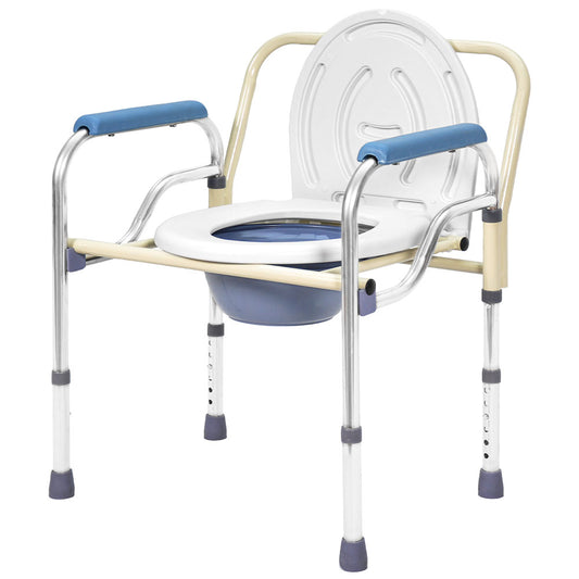 Foldable Commode Chair Mobile Bedside Toilet Stool 67.5-77.5cm Height Adjustable Bathroom Toilet Chair with 3L Bucket for Elderly Disabled Max Load 150kg