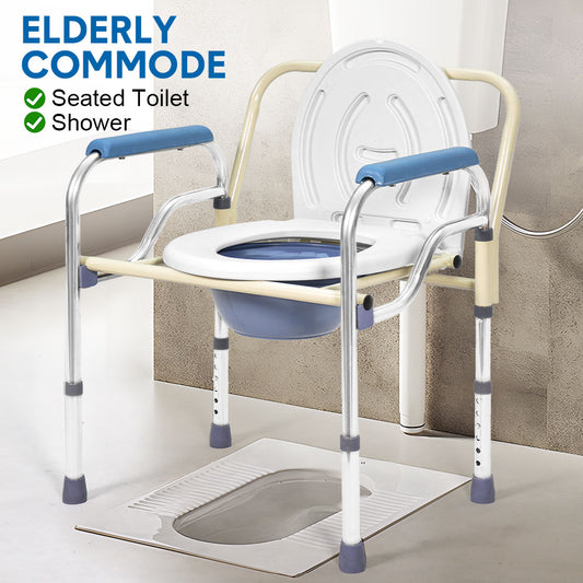 Foldable Commode Chair Mobile Bedside Toilet Stool 67.5-77.5cm Height Adjustable Bathroom Toilet Chair with 3L Bucket for Elderly Disabled Max Load 150kg