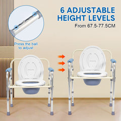 Foldable Commode Chair Mobile Bedside Toilet Stool 67.5-77.5cm Height Adjustable Bathroom Toilet Chair with 3L Bucket for Elderly Disabled Max Load 150kg