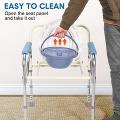 Foldable Commode Chair Mobile Bedside Toilet Stool 67.5-77.5cm Height Adjustable Bathroom Toilet Chair with 3L Bucket for Elderly Disabled Max Load 150kg