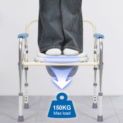 Foldable Commode Chair Mobile Bedside Toilet Stool 67.5-77.5cm Height Adjustable Bathroom Toilet Chair with 3L Bucket for Elderly Disabled Max Load 150kg