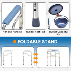 Foldable Commode Chair Mobile Bedside Toilet Stool 67.5-77.5cm Height Adjustable Bathroom Toilet Chair with 3L Bucket for Elderly Disabled Max Load 150kg