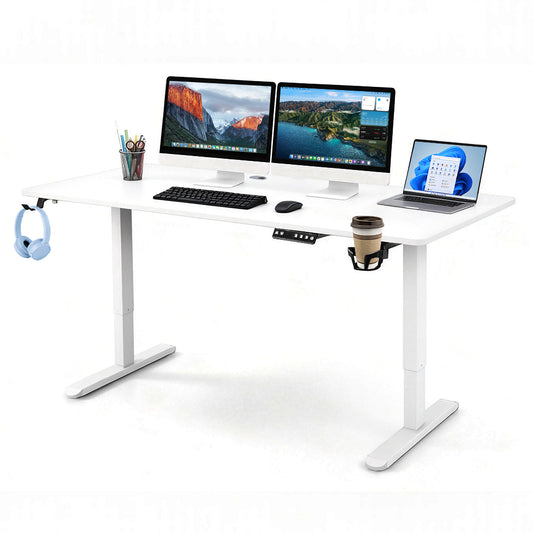 Electric Standing Desk Ergonomic Sit Stand Desk 70-115cm Height Adjustable with Side Hooks Motorized Home Office Computer Workstation 55x24Inch White