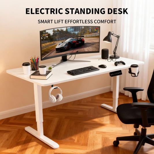 Electric Standing Desk Ergonomic Sit Stand Desk 70-115cm Height Adjustable with Side Hooks Motorized Home Office Computer Workstation 55x24Inch White