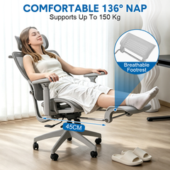 Mesh Ergonomic Office Chair High Back Swivel Computer Chair Lumbar Support With Adjustable Headrest and Footrest Suits 140-190cm Home Office 150kg Capacity
