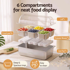 5-Star Chef 6 Pan Food Serving Display Stainless Steel Cooler Platter with Clear Roll Top Cover