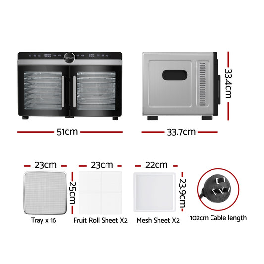 Devanti 16 Trays Food Dehydrator Dual-Zone Stainless Steel