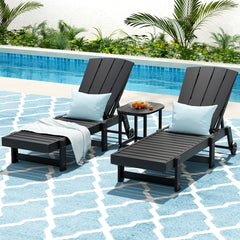 Gardeon Sun Lounge Lounger Table and Chairs Beach Chair HDPE Patio Outdoor Furniture Wheels Black