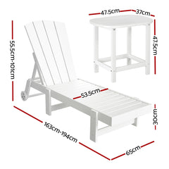 Gardeon Sun Lounge Lounger Table and Chairs Beach Chair Adirondack HDPE Patio Outdoor Furniture Wheels White