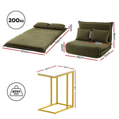 Artiss Floor Lounge Sofa Bed Folding Chaise Chair Green & Coffee Table Side Table Marble Effect