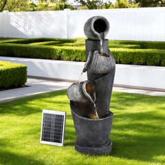 Gardeon Solar Fountain Water Feature Cascading Fountain 3-Tier Pot LED Lights 80CM Grey