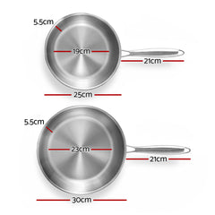 5-star Chef Frying Pan Stainless Steel Uncoated Twin Frypan Set 25/30cm Silver