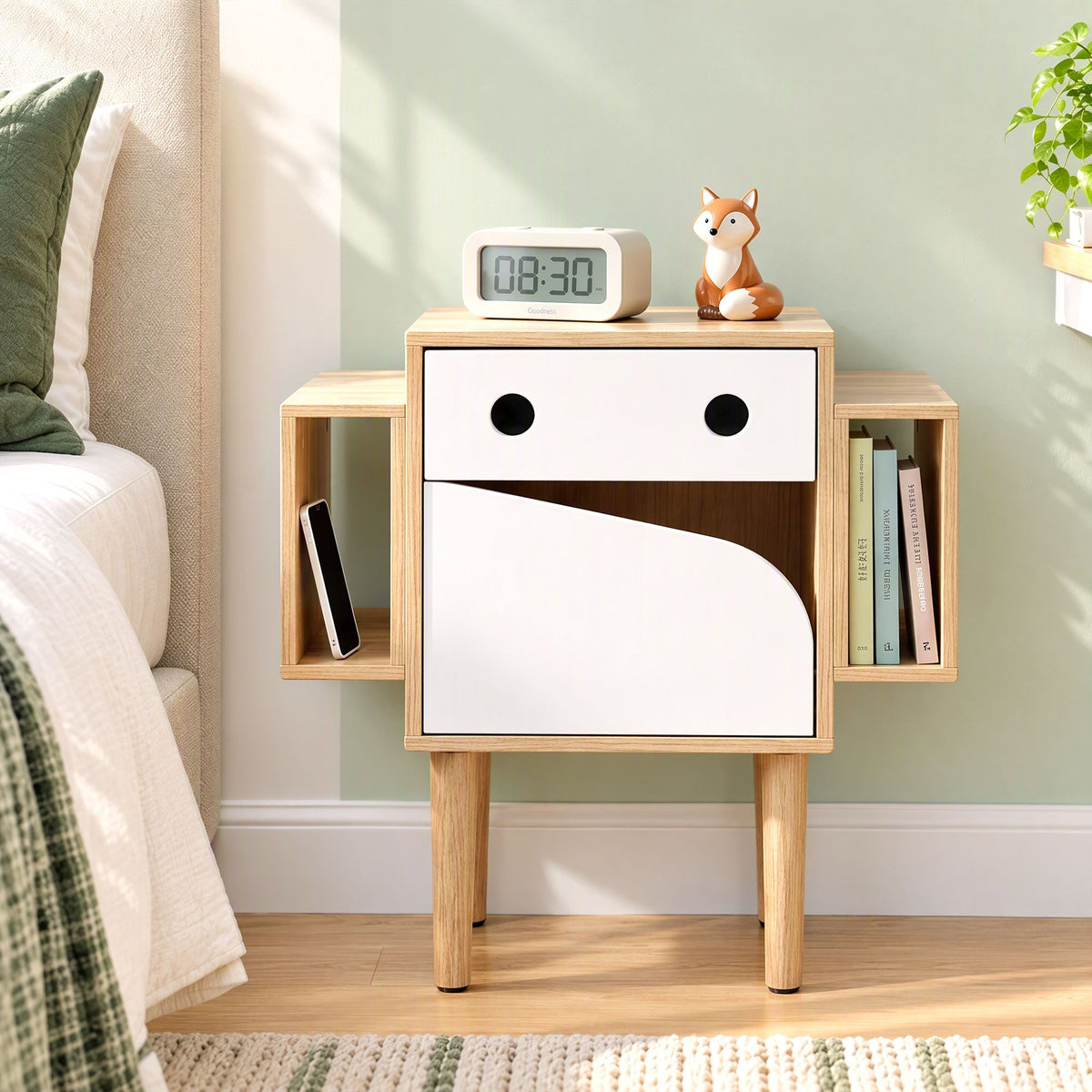 Artiss Bedside Table with Drawer Robot Design for Kids' Room Bedroom Pine