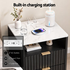 Artiss Bedside Table with Charging Station and 2 Drawers Black