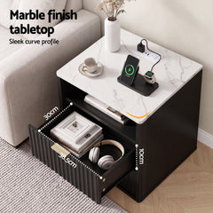 Artiss Bedside Table with Charging Station and 2 Drawers Black