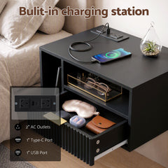 Artiss Floating Bedside Table with Charging Station Black Nightstand 1 Drawer