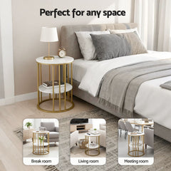 Artiss Side Table Set of 2 Marble Effect Round Coffee Table 2 Tier End Bedside Table Nightstand White&Gold