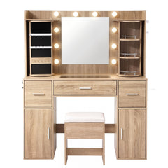 Artiss Dressing Table Vanity Desk LED Mirror Stool Set Charging Station Glass Top Rotating Shelf Wood