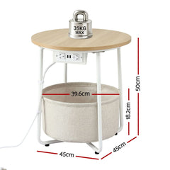 Artiss Round Coffee Table Side End Table Charging Station Storage Basket
