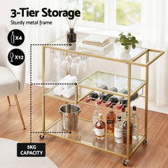 Artiss Bar Cart Drink Trolley Serving Cocktail Wine Rack Glass Holder 102cm Gold