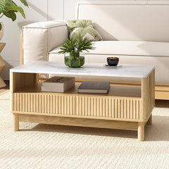 Artiss Coffee Table Drawer Shelf Marble Effect Wood&White