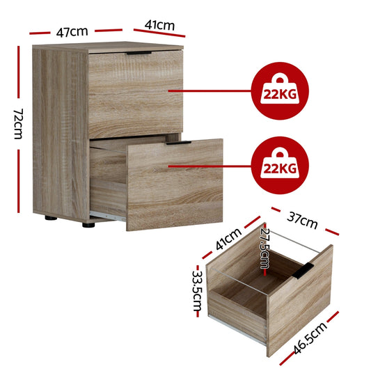 Artiss Filing Cabinet Files Storage Office Shelves File Organiser Oak 2 Drawer