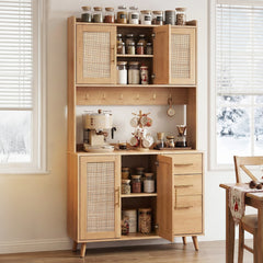 Artiss Buffet Sideboard Hutch Storage Cabinet Kitchen Cupboard Hooks Rattan Pine